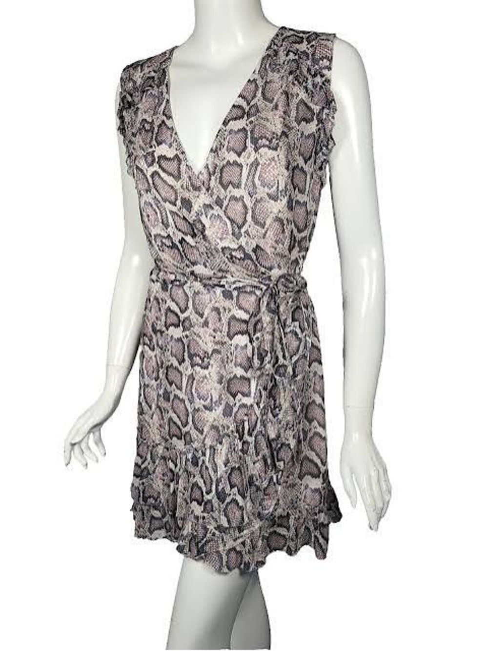 AllSaints Pink and Gray Snake-Print Wrap Midi Dress